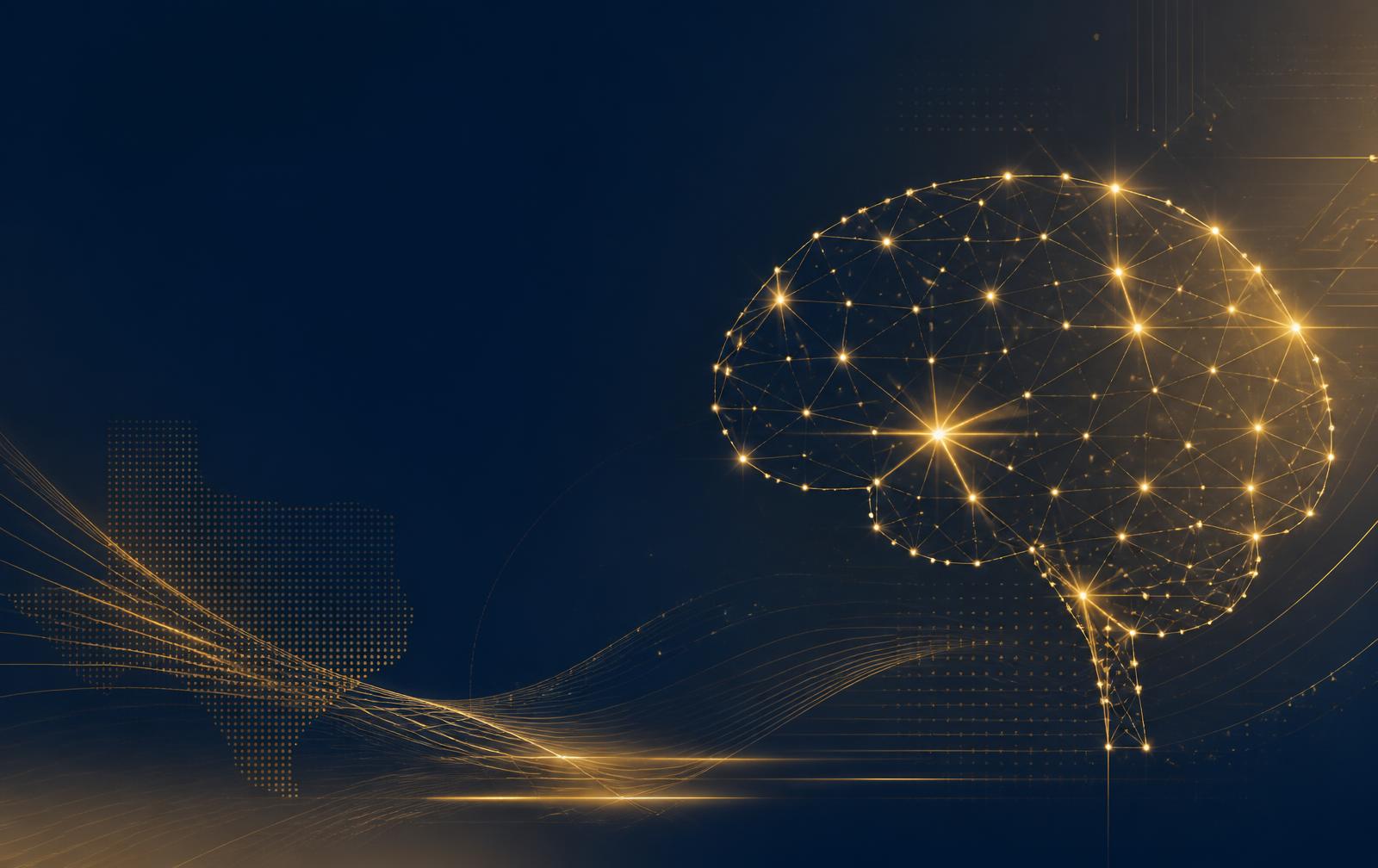 Editorial cover for the Texas Brain Economy Summit Insights publication — a luminous neural network above a stylized Texas map.